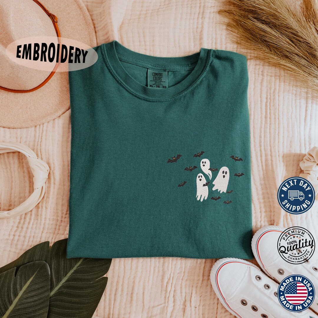 Flying Ghosts and Bats Embroidered Tee – Halloween Comfort Colors® Tee ...