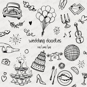 Más de 120 divertidos garabatos e íconos para bodas / Imágenes prediseñadas de bodas dibujadas a mano / Descarga instantánea digital / SVG / PNG / JPG
