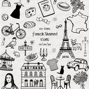 100+ Whimsical French Clipart Bundle | Hand Drawn Illustrations Icons Event Wedding Birthday Invitations | Parisian Style | SVG Pack