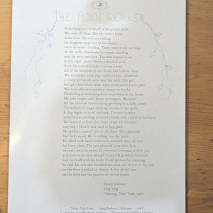 May include: A printed page featuring the title "THE ROOT WORKER" and a poem by Henry Johnson. The text is in a serif font, with a decorative eye graphic above the title and floral illustrations. The page is on a light-colored background.