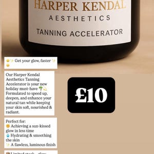 Puede incluir: Un frasco negro de Harper Kendal Aesthetics Tanning Accelerator con una etiqueta blanca y letras doradas. El texto "TANNING ACCELERATOR" es visible. El frasco está sobre una superficie marrón claro.