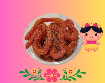 Homemade Spicy Gummies, with chamoy in powder, Tajin, Miguelito.  Gomitas enchiladas hechas en casa, con chamoy en polvo, Tajin y miguelito