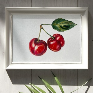 Pintura de acuarela de cerezas: obra de arte frutal original, decoración botánica para la pared de la cocina, regalo de arte culinario hecho a mano