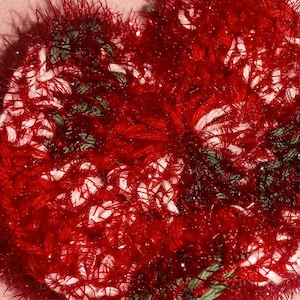 Puede incluir: Primer plano de un artículo de ganchillo hecho a mano en forma de corazón. El artículo es principalmente rojo con acentos blancos y verdes. Los bordes tienen una apariencia borrosa y texturizada. El trabajo de ganchillo es detallado e intrincado, mostrando un artículo artesanal.