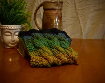 multi coloured, green, blues and cream cables  infinity scarf,cowl  light weight and warm