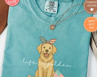Comfort Colors® Cute Golden Retriever T-Shirt | Retro 4th of July Shirt, Golden Retriever USA Shirt, Life is Golden Shirt, Dog Lover T-shirt
