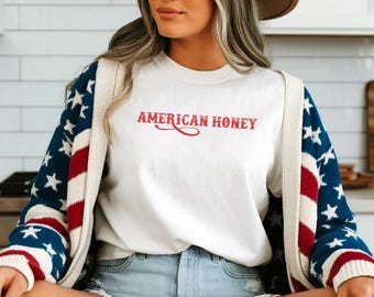 American Honey Baby Tee | USA Shirt Women, Retro Americana Baby Tee, Aesthetic Y2K Clothing, Trendy Red White Blue Baby Tee