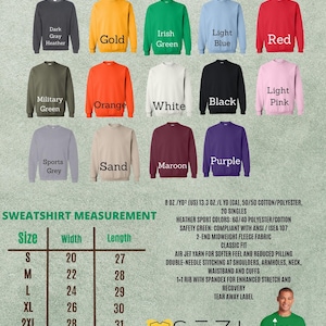May include: A variety of crewneck sweatshirts in various colors, including dark gray, gold, Irish green, light blue, and red. The image also includes a size chart with measurements in inches and product details.