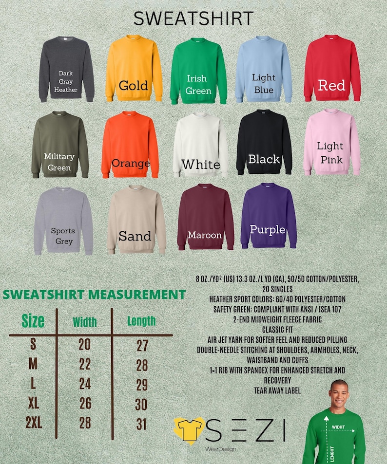 May include: A variety of crewneck sweatshirts in various colors, including dark gray, gold, Irish green, light blue, and red. The image also includes a size chart with measurements in inches and product details.