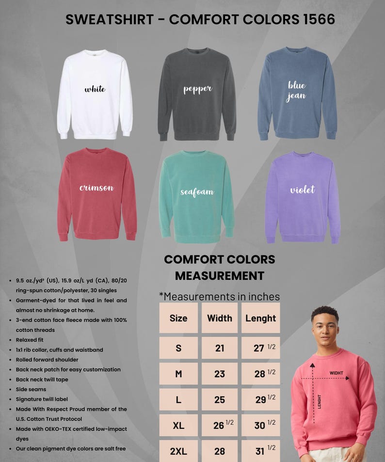 Puede incluir: Un gr&aacute;fico que muestra las medidas de una sudadera en diferentes tallas. El gr&aacute;fico muestra el ancho y la longitud de la sudadera en pulgadas. La sudadera est&aacute; disponible en una variedad de colores, incluyendo blanco, pimienta, azul vaquero, carmes&iacute;, espuma de mar y violeta. La sudadera est&aacute; hecha de 80/20 algod&oacute;n hilado en anillo/poli&eacute;ster y est&aacute; te&ntilde;ida en prenda para una sensaci&oacute;n de uso. La sudadera tambi&eacute;n est&aacute; hecha con tintes de bajo impacto certificados OEKO-TEX.
