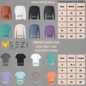 May include: Chart showing unisex long sleeve and youth t-shirt sizes and colors. The chart includes measurements in inches for width and length. Colors include: Yam, White, Black, Pepper, Seafoam, Ivory, Blue Jean, Violet, Chalky Mint, Gray, and Melon.