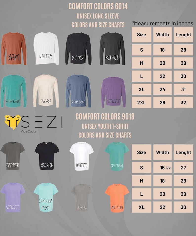 May include: Chart showing unisex long sleeve and youth t-shirt sizes and colors. The chart includes measurements in inches for width and length. Colors include: Yam, White, Black, Pepper, Seafoam, Ivory, Blue Jean, Violet, Chalky Mint, Gray, and Melon.