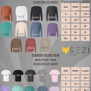 Puede incluir: Un gr&aacute;fico que muestra las opciones de color y tama&ntilde;o para camisetas de manga larga y camisetas para j&oacute;venes unisex. El gr&aacute;fico incluye una variedad de colores, incluyendo blanco, negro, pimienta, espuma de mar, marfil, azul vaquero, violeta, ladrillo y piedra arenisca. El gr&aacute;fico tambi&eacute;n incluye opciones de tama&ntilde;o para camisetas de manga larga y camisetas para j&oacute;venes. El gr&aacute;fico est&aacute; titulado "Comfort Colors 6014" y "Comfort Colors 9018".