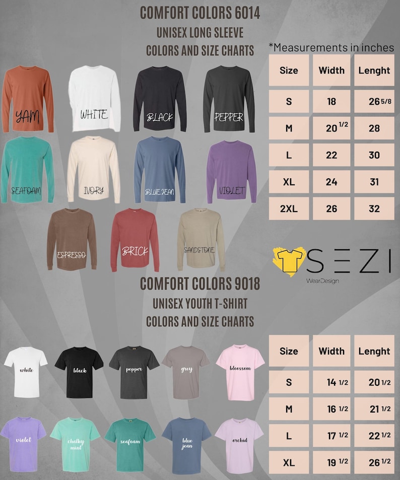 Puede incluir: Un gr&aacute;fico que muestra las opciones de color y tama&ntilde;o para camisetas de manga larga y camisetas para j&oacute;venes unisex. El gr&aacute;fico incluye una variedad de colores, incluyendo blanco, negro, pimienta, espuma de mar, marfil, azul vaquero, violeta, ladrillo y piedra arenisca. El gr&aacute;fico tambi&eacute;n incluye opciones de tama&ntilde;o para camisetas de manga larga y camisetas para j&oacute;venes. El gr&aacute;fico est&aacute; titulado "Comfort Colors 6014" y "Comfort Colors 9018".