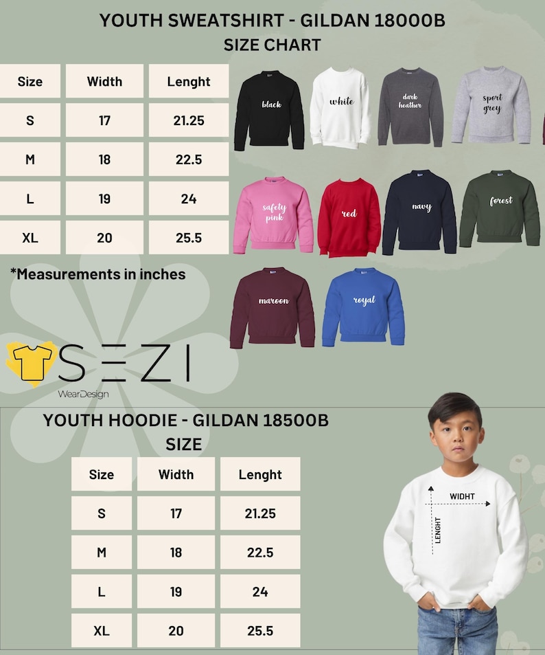 May include: Size chart for youth sweatshirts and hoodies. The chart includes measurements in inches for width and length, along with color options such as black, white, and navy. The image also shows a child wearing a white sweatshirt.