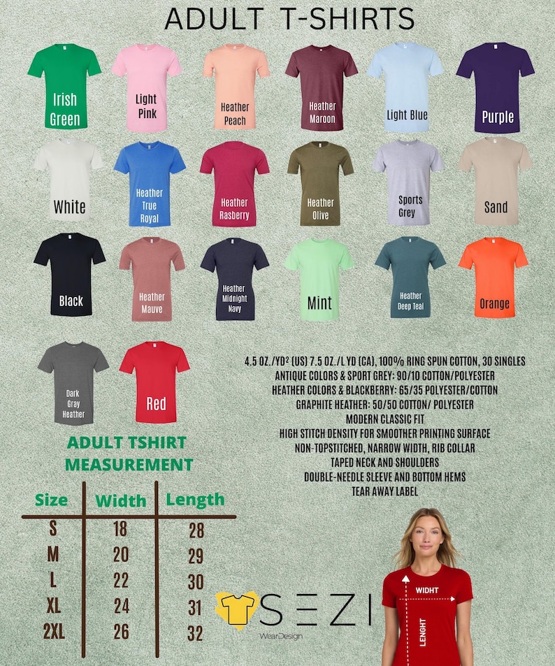 May include: A display of adult t-shirts in various colors, including green, pink, and blue. The image shows a size chart with measurements in inches and details about the fabric and fit. The text "ADULT T-SHIRTS" is at the top.
