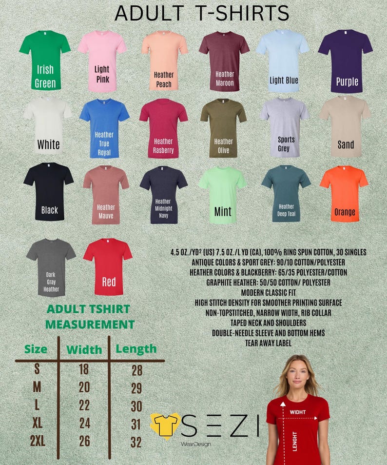 May include: A display of adult t-shirts in various colors, including green, pink, and blue. The image includes a size chart with measurements in inches and fabric details. The shirts are made of ring-spun cotton.