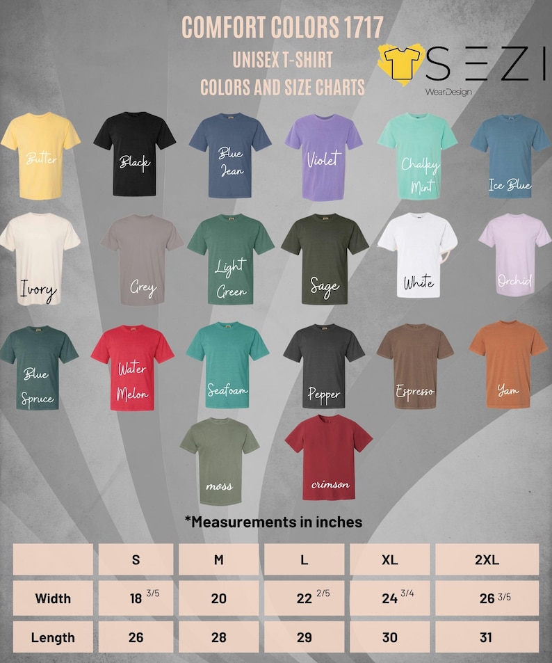 Puede incluir: Un gr&aacute;fico que muestra las opciones de color y la tabla de tallas para camisetas unisex. El gr&aacute;fico muestra 16 colores diferentes de camisetas, incluyendo Butter, Black, Blue Jean, Violet, Chalky Mint, Ice Blue, Ivory, Grey, Light Green, Sage, White, Orchid, Blue Spruce, Water Melon, Seafoam, Pepper, Espresso, Yam, Moss y Crimson. La tabla de tallas muestra las medidas de ancho y largo en pulgadas para las tallas S, M, L, XL y 2XL.