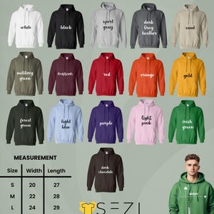 May include: A chart displaying various colors of unisex adult hoodies, including white, black, and red. The image also shows a size chart with measurements in inches, and the text "SEZI WearDesign".