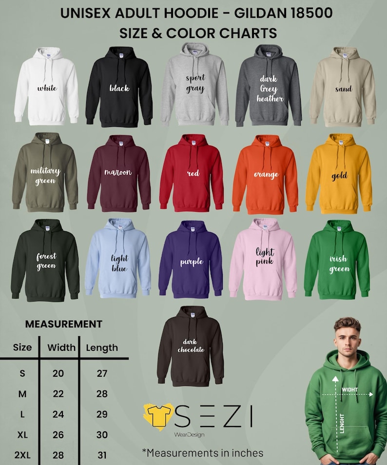 May include: A chart displaying various colors of unisex adult hoodies, including white, black, and red. The image also shows a size chart with measurements in inches, and the text "SEZI WearDesign".