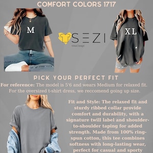 May include: Size guide for t-shirts in sizes M and XL. The model is wearing a medium size t-shirt and is 5'6" tall. The t-shirts are gray and have a relaxed fit. The text "SEZI WearDesign" is in a yellow heart shape.