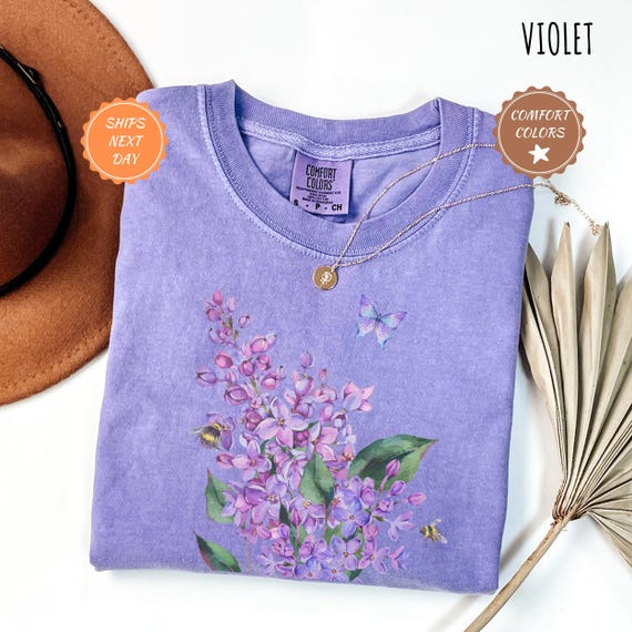 Comfort Colors® Vintage Pressed Flowers Shirt |  Boho Cottagecore Tshirt, Botanical Purple Floral Tee, Cute Butterfly Tee, Wildflowers Shirt