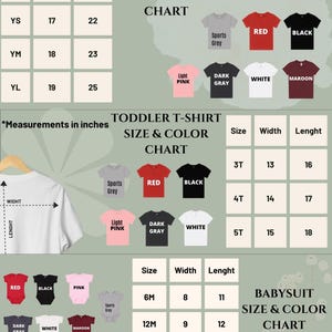 May include: Size and color charts for youth, toddler t-shirts, and baby bodysuits. Measurements are in inches. Colors include red, black, pink, gray, white, and maroon. Sizes are listed for each garment type.