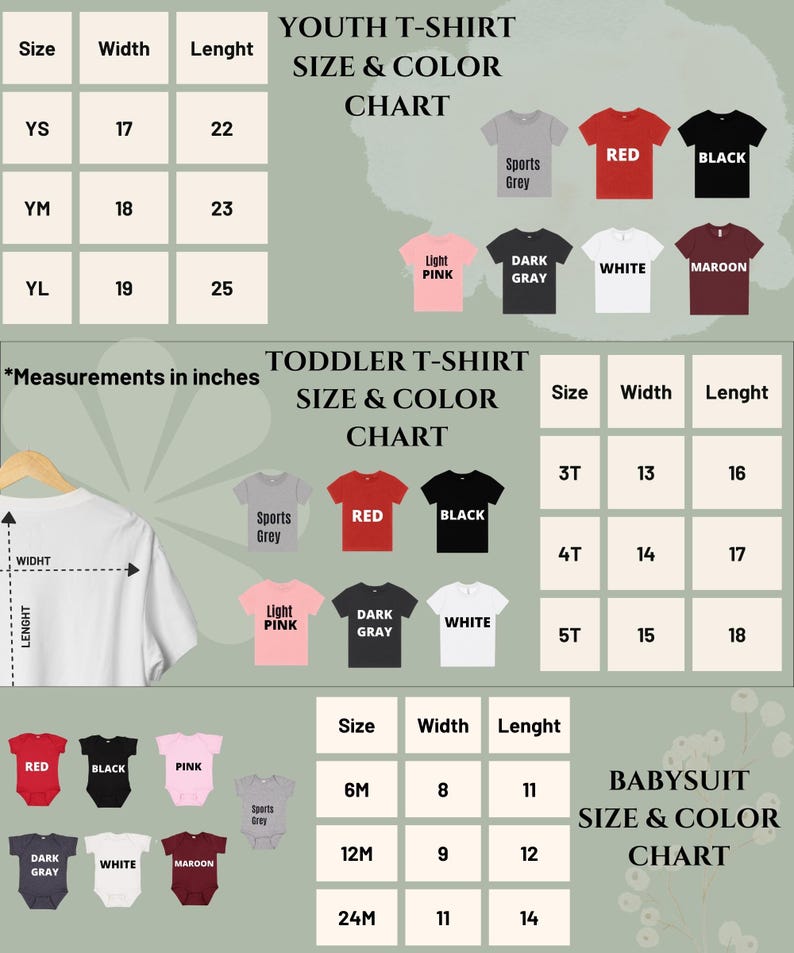 May include: Size and color charts for youth, toddler t-shirts, and baby bodysuits. Measurements are in inches. Colors include red, black, pink, gray, white, and maroon. Sizes are listed for each garment type.