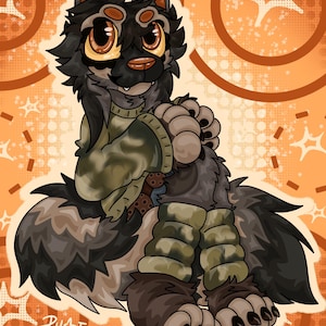 May include: A digital illustration of a furry wolf-like creature with large eyes and a friendly expression. The character is wearing a green and brown sweater and leg warmers. The background is orange with star and circle patterns. The artist's signature "PHOENIX" is at the bottom.