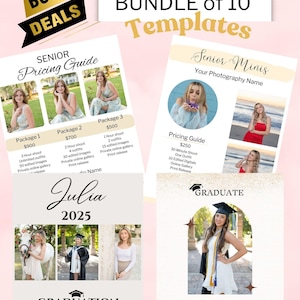 May include: A promotional graphic with the text "BUNDLE DEALS" and "BUNDLE of 10 Templates." It includes pricing guides for senior photoshoots, featuring images of young women. The graphic also showcases graduation announcements.