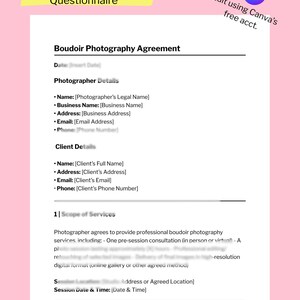 Boudoir Photography Contract & Questionnaire Template – Canva editable Portrait Agreement PDF – Client Legal Form for Boudoir Photographers