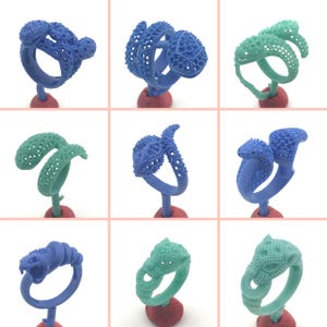 Può includere: Nove anelli a forma di serpente stampati in 3D, di colore blu e verde, su supporti espositivi. Gli anelli sono dettagliati con squame e presentano una varietà di motivi.