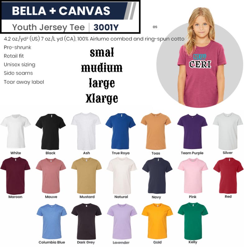 Op de afbeelding: Een selectie van Bella + Canvas jeugd jersey T-shirts in diverse kleuren, waaronder wit, zwart en blauw. De afbeelding toont een model dat een bordeauxrood T-shirt draagt met de tekst "NEW CERI". Maten vari&euml;ren van small tot Xlarge.