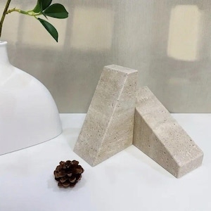 Pair of Travertine Bookends Natural Marble Triangular Modern