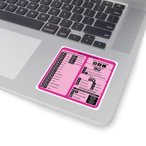 May include: A pink sticker with white text detailing Mac OS shortcuts, including command key functions, screen shots, and startup shortcuts. The sticker is rectangular with rounded corners and is placed on a laptop.