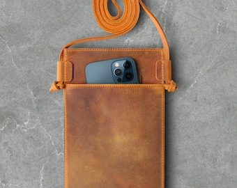 Personalized Leather Crossbody Phone Bag, Handmade Shoulder Pouch for iPhone, Mini Adjustable Bag, Custom Christmas Gift, Small Phone Purse