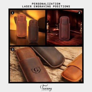 May include: Three brown leather cigar cases with different personalization options. The first case has the name "GRACE" engraved on the front. The second case has the letter "G" engraved on the front. The third case has a monogram with the letter "G" and antlers engraved on the front.