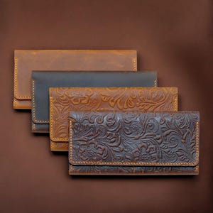 Billetera de cuero personalizada, billetera larga hecha a mano, regalo de Navidad, billetera para teléfono con monograma, regalo personalizado para ella y él, billetera vertical plegable
