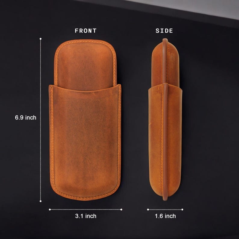 May include: A brown leather case for a phone or other device. The case is 6.9 inches tall, 3.1 inches wide, and 1.6 inches thick. The case has a flap that closes with a snap.