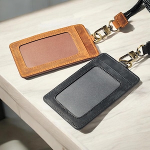 Personalized Leather Badge Holder with Lanyard, Office ID Card Holder, Back to School Gift, Slim Wallet with Clear ID Case, Christmas Gift