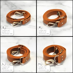 May include: Four leather straps in different sizes, labeled S, M, L, and XL. The straps are brown and have gold-colored metal clasps. The straps are 63 inches, 63 inches, 64 inches, and 65 inches long, respectively. The straps are 0.6 inches, 0.8 inches, 1 inch, and 1.2 inches wide, respectively. The straps are 2 millimeters thick.