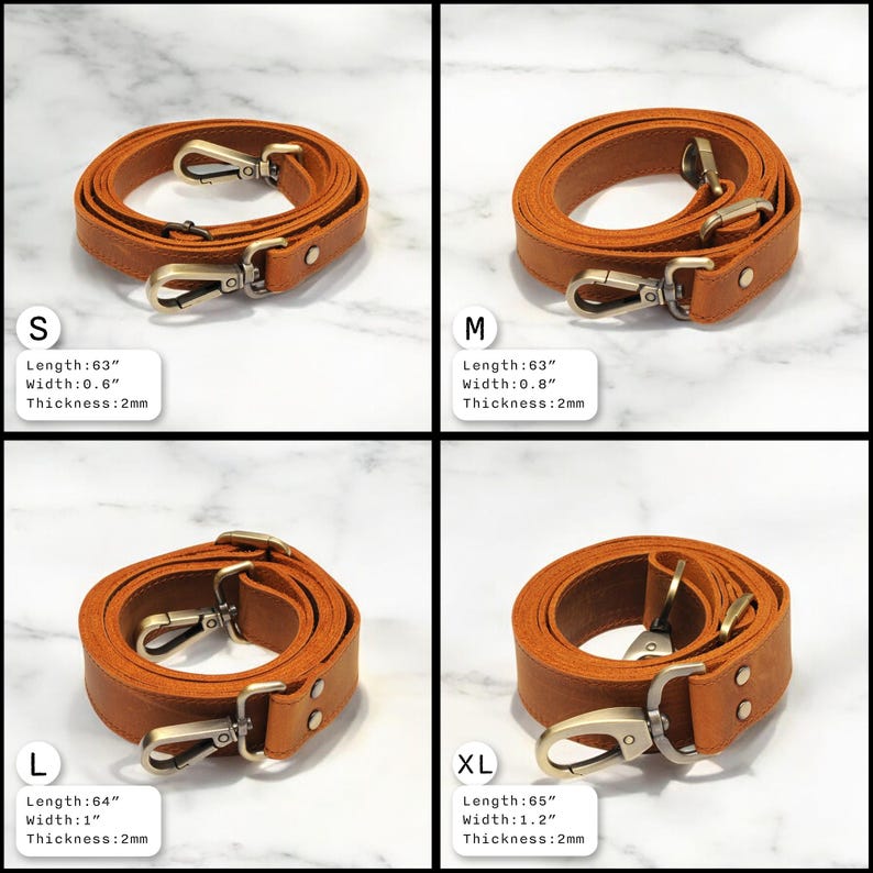 May include: Four leather straps in different sizes, labeled S, M, L, and XL. The straps are brown and have gold-colored metal clasps. The straps are 63 inches, 63 inches, 64 inches, and 65 inches long, respectively. The straps are 0.6 inches, 0.8 inches, 1 inch, and 1.2 inches wide, respectively. The straps are 2 millimeters thick.