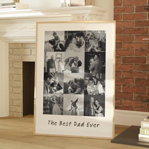 May include: A black and white photo collage in a gold frame with the text "The Best Dad Ever" at the bottom. The collage features a variety of photos of a man with his family and friends.