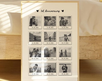 Custom 1 Year Anniversary Gift for Boyfriend or Girlfriend, Polaroid Photo Frame, Couple Anniversary, Printable Template, 12 Polaroid Photos