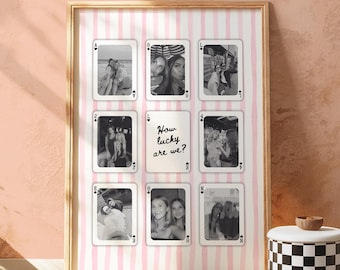 Hoe gelukkig zijn we? Roze retro citaat muurdecoratie, gepersonaliseerde fotocollage met speelkaarten, cadeau voor beste vriend(in) print (canvas sjabloon)