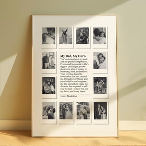 May include: A black and white photo collage with a heartfelt message to a father. The collage features photos of a father and daughter at different ages and events. The message reads "My Dad, My Hero. You've always been my rock and my greatest inspiration. From small moments to life's biggest challenges, you've shown me what it means to be strong, kind, and selfless. Your love has been the foundation that has carried me through everything, and your belief in me has given me the strength to chase my dreams. I'm so proud to call you my dad - you're not just my hero, you're my heart. Love, Madeline"