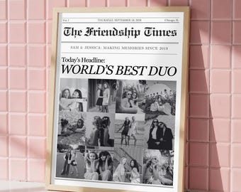 Custom Newspaper Gift for Best Friend Template, Personalised Female Best Friend Photo Collage Print (Printable Canva Template, 12 Photos)