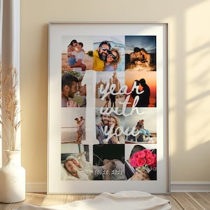 Plantilla de collage de fotos personalizado para aniversario, regalo de primer aniversario para novios, plantilla imprimible de Canva, 12 fotos