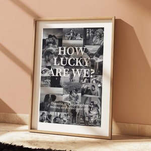 Plantilla de arte de pared con marco de collage de fotos "Qué suerte tenemos", regalos de primer aniversario para él y para ella, regalo de citas, plantilla de Canva imprimible