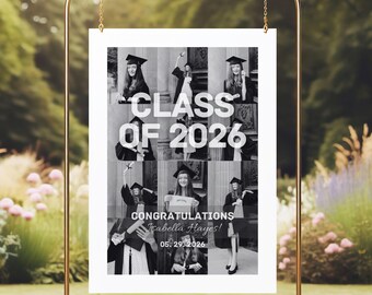 Gepersonaliseerde sjabloon fotocollage afstuderen, afstudeercadeaus voor hem en haar, welkomstbord afstuderen, klas van 2026 (canvasjabloon)